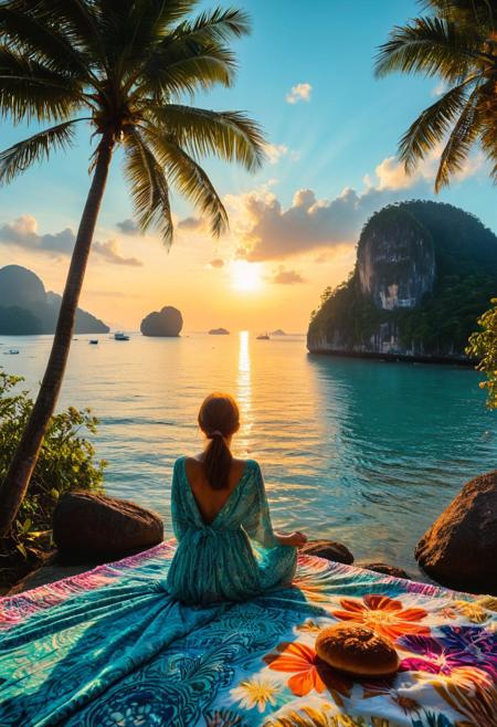 The sun has risen and casts its sunrise light at the picturesque beach of Koh Yao Noi island, between two giant palms, a woman with a bun in a beautiful long patterned dress is sitting on her patterned blanket looking towards the ocean at a white yacht, an amazing view of the surrounding boulders rising out of the water, a breathtaking view, paradise mood, rich and complex oil painting, best quality, double exposure, realistic, whimsical, fantastic, splash art, intricate detailed, hyperdetailed, maximalist style, psychedelic, post-apocalyptic, photorealistic, concept art, sharp focus, harmony, serenity, tranquility, mysterious glow, ambient occlusion, halation, cozy ambient lighting, dynamic lighting, excellent composition, finest details, highest aesthetics, strong muted highlighter of the turquoise ocean around, blue hue, mystical glowing, best quality sharp focus, colorful, surreal, ultra quality, 8k, best quality, a masterpiece, award winning,