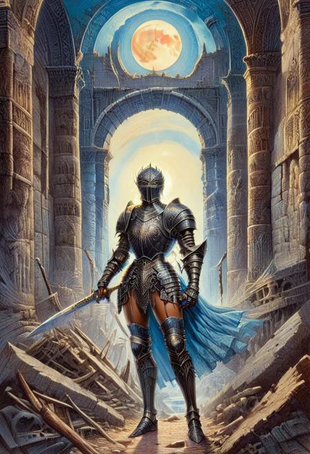 score_10, score_9, score_9_up, score_8_up, score_7_up, masterpiece, best quality, Fantasy, 1980s Fantasy Style, huge sword, female, dark skin, solo, middle-aged, mature woman, breastplate, detailed face, light armor, armor, greatsword, moonlight greatsword, holding sword, claymore, black hair, hair bun, grey eyes, loose strands, stern, dynamic pose, blue clothes, trousers, pants, boots, paladin, fighter, rogue, vivid color, coliseum, colosseum, gladiator arena, gladiator, Tower-of-Doom-Ludmille