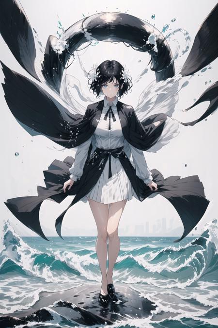 <lora:Addams-000002:0.9>, originVV, 1girl, black hair, short hair, hair decor, standing on water, ocean background, water splash, full body, white background,