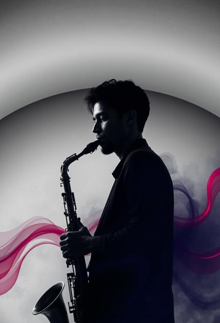 A solitary saxophonist stands beneath a smooth, arching ceiling that echoes sound and shadow, their face detailed in stark monochrome, fluid lines of crimson and indigo flowing from the instrument into the misty abstract space behind, merging softness with structured form, cinematic vivid style