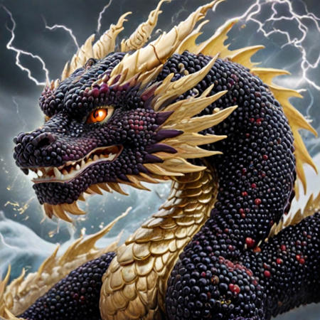 beautiful, fantasy, and complex, detailed portrait , 
a blackberryworld chinese dragon made out of berry, rolling in the sky , flying 
fiery colors, deep white, electric black, molten golden edges,
gold trim,
beautiful, 
thunder, lightning,bolt ,flash
sea, night_time, cloudy,
Score_9, score_8_up, score_7_up, high quality, 4k, 8k, extremely detailed, dynamic pose, forest, artistic composition, high contrast, intricate detail, high resolution, visual aesthetics, masterpiece, sfw