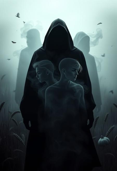 A haunting and surreal double exposure composition merges unsettling beauty with conceptual depth. In the center, a faceless humanoid silhouette looms — rendered in stark 3D shadow, its contours smooth and geometrically elegant. Within its form, swirling wisps of fog and motion blur suggest movement and presence, like a ghost caught mid-stride. Behind and within the figure, a series of minimal, vector-like facial features and body outlines — reminiscent of Julian Opie's clean-line aesthetic — pulse with subtle digital glow. This contrast of simplified modern portraiture against eerie, immersive textures forms a complex, layered interplay of light and shadow. The atmospheric background, slightly rustic with scattered wheat stalks, garlic bulbs, fluttering leaves, and an undertone of red heart symbolism, evokes a folkloric warning, blending earthy fears with digital innovation. It feels both ancient and ultramodern — a poetic nightmare sculpted in pixels.