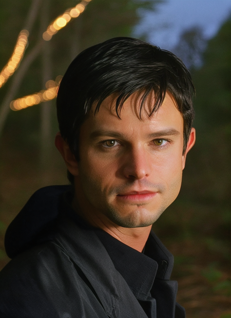 JnBehr standing in a forest at night, Close to the camera, UFO landing in background, Blurry background, Male focus, Facing viewer <lora:JnBehr-v1:1>