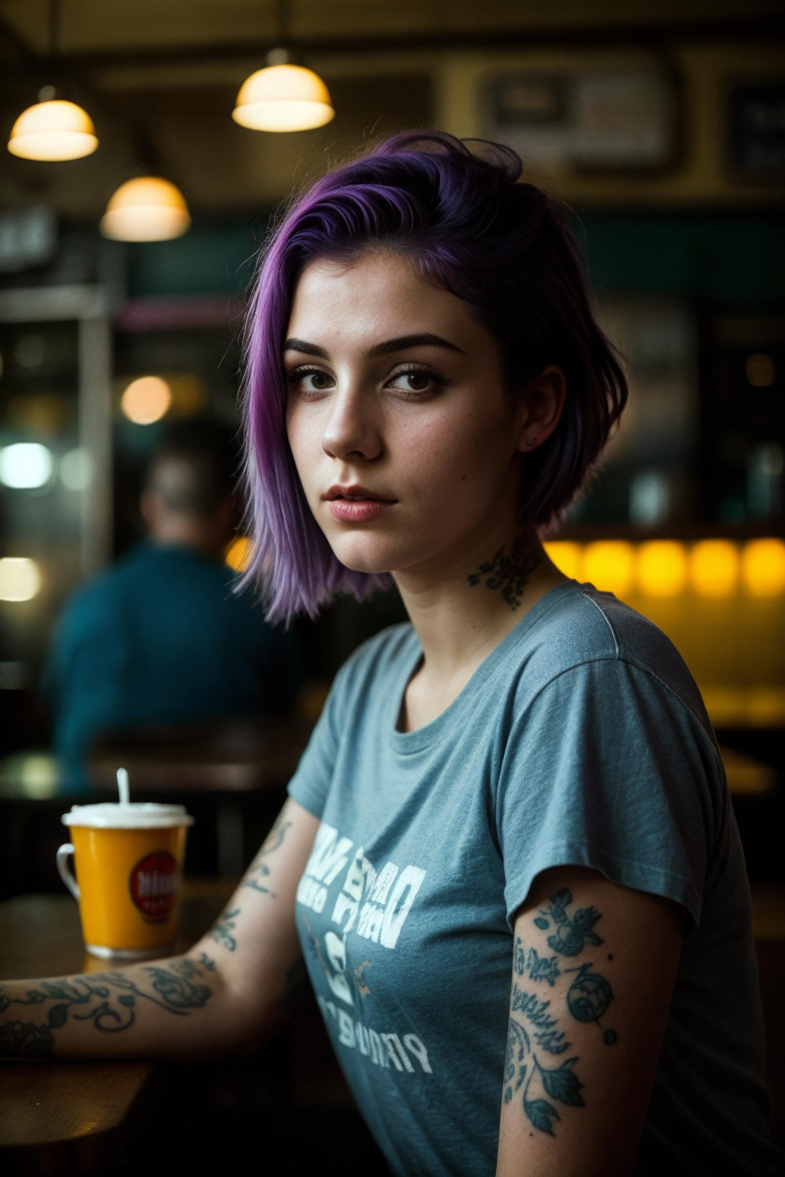 A young woman with purple hair, tattoos, and a nose piercing sits at a dining table with a drink.