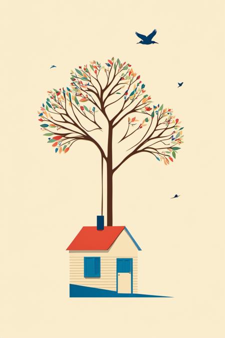 ,ch,tree,bird,no humans,white background,simple background,flag,house,