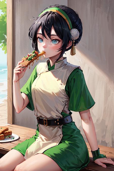 masterpiece, best quality, highres, <lora:toph_beifong_v1:0.7>, 1girl, solo, black hair, hairband, belt, short hair, dress, blue eyes, hair bun, green hairband, blind, chinese clothes, hair bun, green dress, short sleeves, pelvic curtain, cowboy shot, sitting, eating, food,