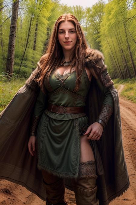 Professional photograph of  <lora:[US]_-_Hilary_Knight:0.85> mt-hilaryknight as a muscular barbarian woman, she's wearing a viking's armor, viking outfit, leather and chainmail armor, standing on a dirt road in a forest, medieval genre, windmill in the distance. She has bulging biceps, and a long red cloak. Long dark hair, smiling at the viewer  <lora:add_detail:1> <lora:detail_slider_v4:1> <lora:extremely_detailed:1> <lora:hairdetailer:1> <lora:picxer_realdetailer:1> <lora:v1k1ng:0.8> v1k1ng, furs