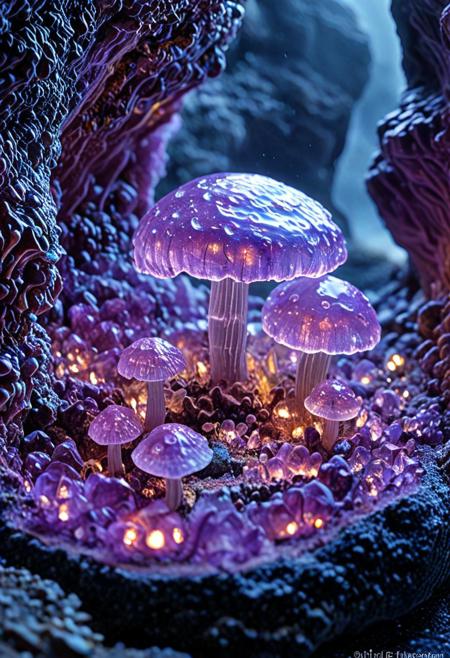 Tilt shift photography style, Diorama page, quarter view, a glowing fluorite mineral mushroom, iridiscent neon, ( Unmanned:1.2), night dark cave, thick fog,