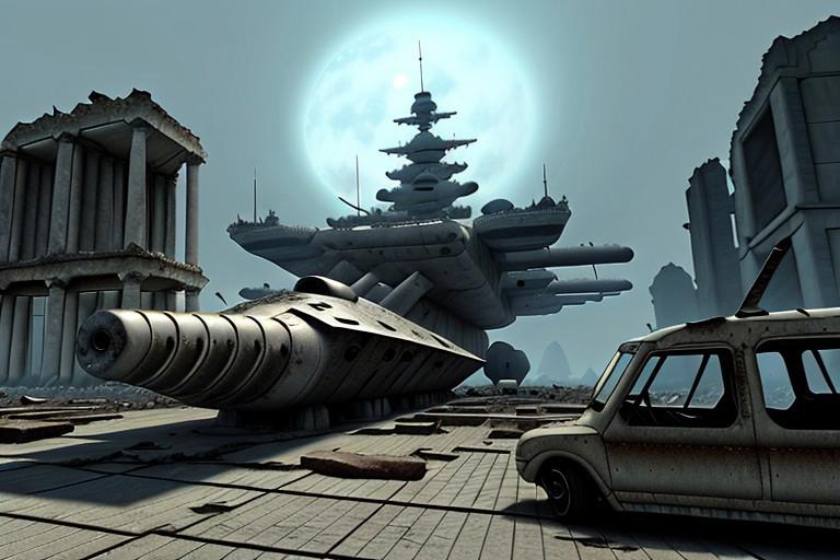 a space pirate battleship among the ruins of an advanced, futuristic city