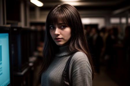 A pretty north European young woman, solo, happy, supermodel, light brown hair, long wavy hair, pale skin, slim eyebrows, perfect face, small nose, blue big eyes, small rose lips, big tits, nice breasts, cleavage, blue dress, holding a large screen smartphone in hand, looking at smartphone screen. Hacker workplace background, some computers, some server racks, strange technology devices, epiCPhoto, <lora:pytorch_lora_weights:0.5>, <lora:picxer_real:0.7>, <lora:FilmVelvia3:0.3>, <lora:more_details:0.6>
