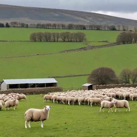 sheep on the sheep in a large field with the sheepfold in the background