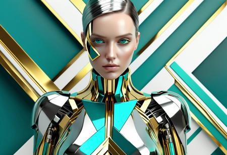 steel and  chrome beautiful female android with gold and teal angular dazzle camouflage