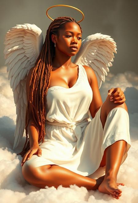 In a breathtakingly photorealistic image, an ultra-hot honey brown woman, age 23, sits languidly on a floor composed of fluffy clouds, her long amber dreadlock pigtails cascading down her shoulders. Her big breasts strain against the confines of her white tunic, creating an epic cleavage that seems to radiate heat. The dirty angel wings and halo surrounding her head add a touch of heavenly mischief. Early morning light filters in, casting a warm glow on the scene as she sits with her right knee up, her languid pose exuding boredom. Her empty amber eyes seem to hold a thousand thoughts, yet remain fixed on some distant point, lost in thought. The air is heavy with an almost palpable sense of relaxation, as if even time itself has slowed down to match her sluggish pace.