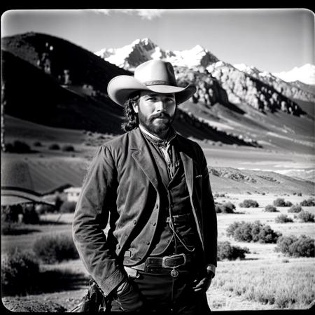 RAW, photorealistic, best_quality, cowboy-shot of a man in the western american frontier, year 1860, the style of Ansel Adams