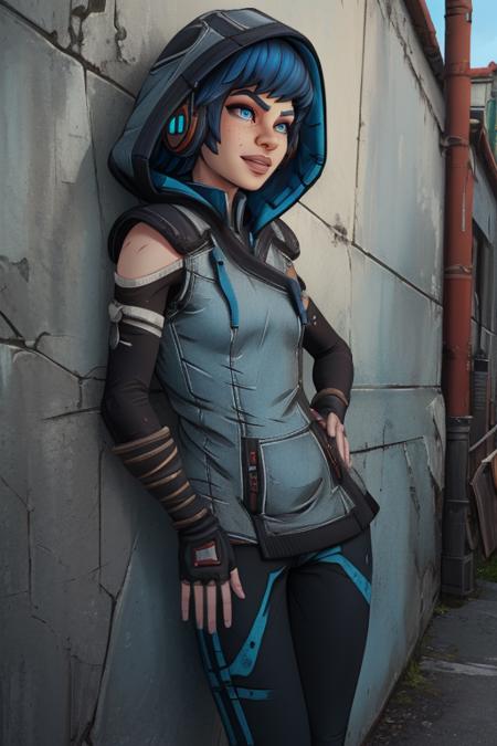 Ava, short blue hair, blue eyes,freckles ,  small nose ring,  standing, leaning on wall,  cowboy shot,   
AGear,headphones,hood up , fingerless gloves ,pants ,shoes,
monk temple, 
(insanely detailed, beautiful detailed face, masterpiece, best quality)     <lora:Ava:0.7>