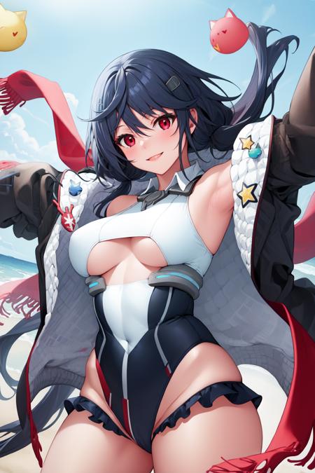 masterpiece, best quality, AllenV4, 1girl, twintails, open clothes, solo, looking at viewer, coat, underboob cutout, open coat, floating hair, scarf, red scarf, leotard, off shoulder, underboob, rigging, armpits, jacket, smile, black coat, <lora:AllenMSV4-10:1>