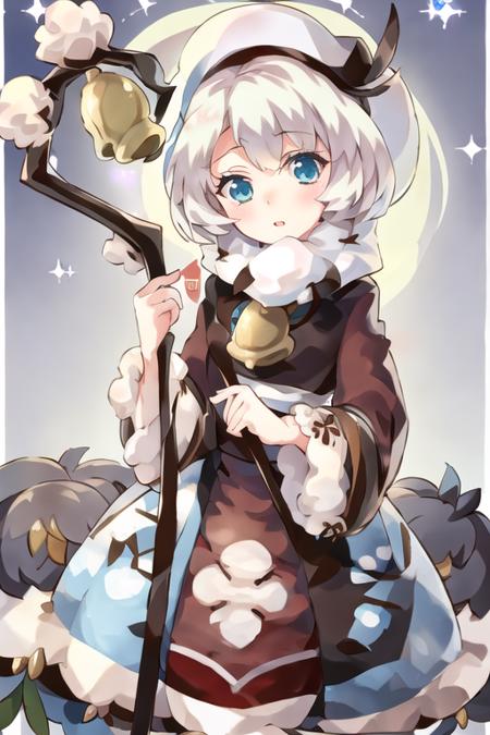 1girl, crkcotton, blue eyes, short hair, white hair,  hat, dress, long sleeves, staff, bell <lora:cotton_cookie:1>