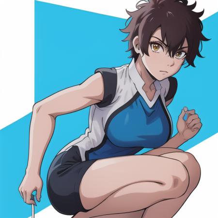 <lora:hanebado-05-v3:1>, h4n3b4d0, blue and white outfit, dark short hair