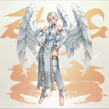 Angel_Tekken, 1girl, solo, blonde hair, bare shoulders, detached sleeves, barefoot, feathered wings, angel wings, white wings, angel