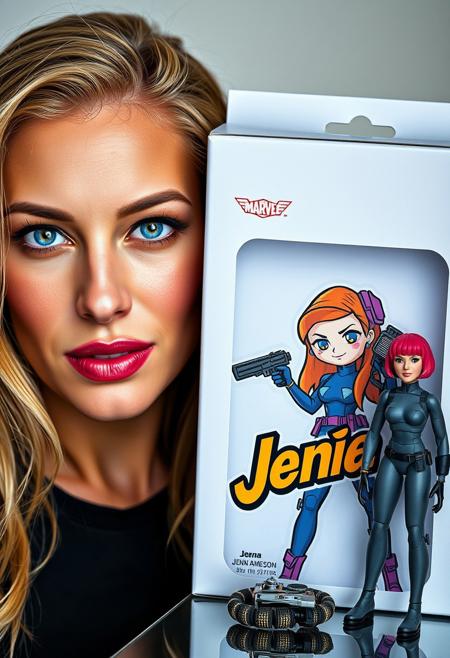 A photorealistic image of Jenna Jameson, lifelike appearance. Beside her, a cartoon-style illustration of het adorns a product packaging, vivid and colorful. The packaging is sleek, with the name 'Jenna' prominently displayed in bold, eye-catching fonts. Next to the packaging, there's a detailed action figure of her, complete with miniature tools and gadgets, capturing his essence as a resourceful hero. The overall composition is balanced, showcasing both the realistic and animated representations of the iconic character.<lora:gonza_v2:0.75>