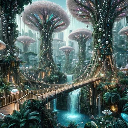 8k, score_9, score_8_up, score_7_up,
jungle City, Bioluminescent Metropolis
BREAK
A breathtaking, panoramic view of a sprawling jungle city seamlessly integrated with a colossal, vibrant rainforest. Towering structures, formed from a living, iridescent, pearl-like chitin and interwoven with giant trees, create a canopy-level metropolis. The city is alive with natural, soft bioluminescence in hues of ethereal blue, soft pink, and glowing green, emanating from exotic flora and fungi. Massive waterfalls cascade down the organic architecture, and rope bridges and vine-covered walkways connect the different levels. Exotic, pearl-winged jungle creatures fly between the towering tree-structures, adding to the city's dynamic life. The atmosphere is a stunning fusion of untamed nature and advanced, organic civilization.
BREAK
jungle, rainforest, cityscape, Pearlum, organic architecture, living city, bioluminescent, pearlescent structures, iridescent materials, glowing flora, giant trees, waterfalls, hanging bridges, vines, mythical creatures, jungle creatures, flying beings, intricate details, epic composition, vibrant, lush, wild
BREAK
masterpiece, best quality, ultra-detailed, painterly, magical lighting, 8k UHD, vibrant colors, sharp focus