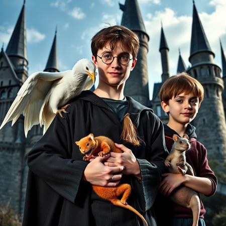 Create a realistic Harry Potter-style photo with the main characters standing in full height against the backdrop of Hogwarts Castle. Harry Potter is dressed in his traditional robes, with a white pterodactyl perched on his shoulder, looking intently into the camera. Hermione Granger is nearby, lovingly holding a ginger cat-like dinosaur, its fur shimmering in the sun. Ron Weasley stands to the side with a small rat-like dinosaur, its head cocked mischievously to the side. The atmosphere of the photo should convey the magic of this world, combining elements of friendship and adventure with unique dinosaurs.