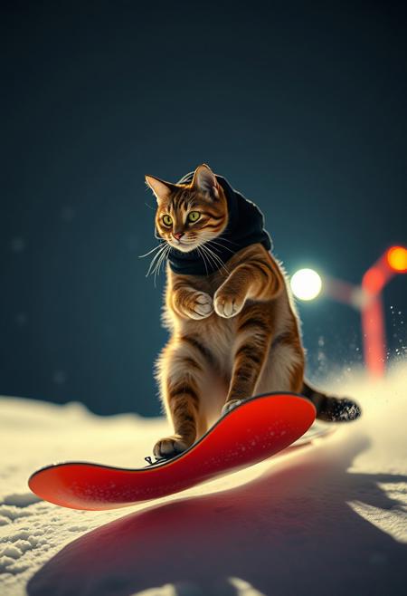(Soft Lighting Photography by Mimoza Veliu and Mario Giacomelli:1.2), NSFW, A cat competing in snowboarding in Japan snow park, short hair, snow, the cat is executing a snowboard jump, extremely delicate and beautiful art, slow motion, vivid color,