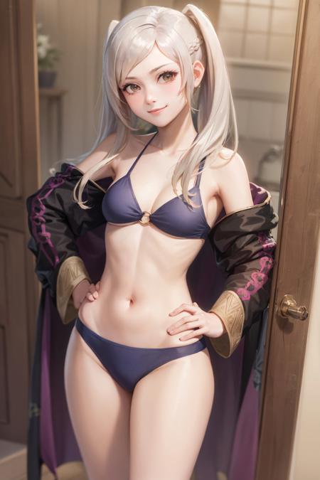 (masterpiece, best quality:1.2), <lora:fireemblem_robin_female-13:1>, cowboy shot, solo, 1girl, robin \(fire emblem\), smile, closed mouth, looking at viewer, hand on hip, twintails, brown eyes, robe, long sleeves, bikini