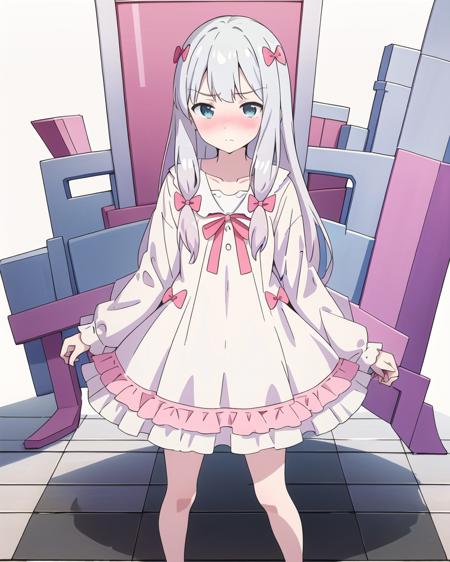 detailed,masterpiece,ultra-detailed,solo,(1boy),(white background:1.3),izumi_sagiri,bow, pink_bow, long_hair,silver hair, full_body,bare legs, (dress :1.2), hair_bow,  nose blush, collarbone,closed mouth,(standing:1.1),looking back,