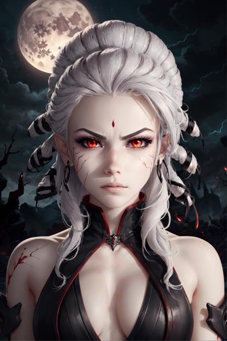 salem \(rwby\), 1girl, white hair, white skin, pale skin, cracked skin, red eyes, black dress, angry, solo, detailed face, looking at viewer, cowboy shot, upper body, bloodmoon, wasteland, darkness, thunder, red moon, vampire, corruption, (masterpiece:1.2, best quality)