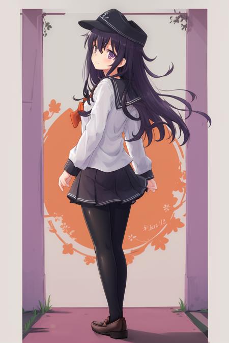 masterpiece, best quality,1girl, solo, long hair, akatsuki, hat, pantyhose, school uniform, serafuku, skirt, purple eyes, hair, black pantyhose, neckerchief, purple eyes, red neckerchief, pleated skirt, anchor symbol, looking at viewer, shoes, flat cap, loafers, standing, full body,back, <lora:xiao:1>