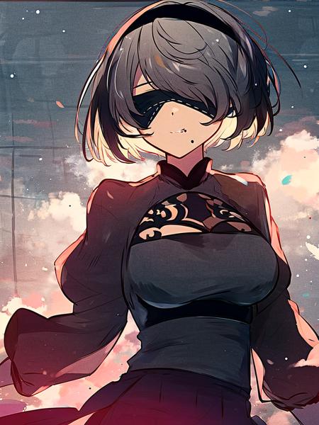 nuanyang,<lora:æé³:1>,<lora:2b:1>,hm2b,black blindfold,covered eyes,mole under mouth,clothing cutout,long sleeves,puffy sleeves,juliet sleeves,feather trim,black thighhighs,black gloves,black dress,black skirt,