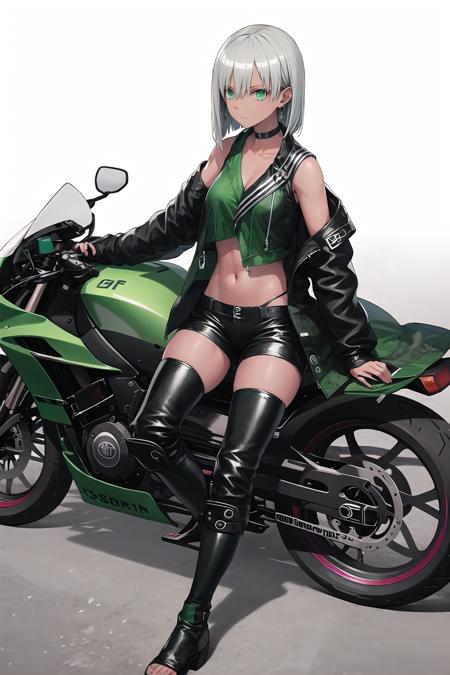 origin, hair between eyes, black thighhighs, bangs, short hair, collarbone <lora:JS05-pynoise:1> 1girl,solo,ground_vehicle, motor_vehicle, motorcycle,dark-skinned_female, long_hair,boots, pants, navel, crop_top, on_motorcycle, jacket, logo,gloves, floating_hair,earrings, off_shoulder, open_jacket, midriff, black_footwear, multicolored_hair, bare_shoulders, helmet_removed, open_clothes, cross_earrings, sleeveless, jewelry, bangs, long_sleeves