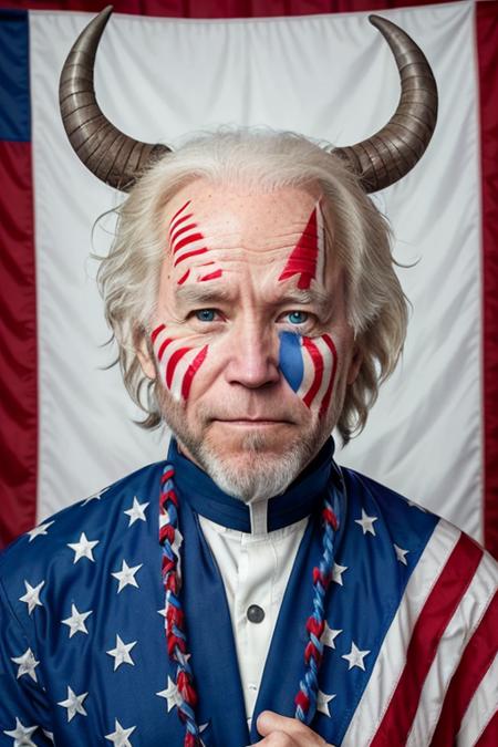 portrait photo of joe biden as q4n0n5h4m4n:0.9, horns, patriotic facepaint, detailed face, hasselblad h6d-400c 1.4, outside washington dc