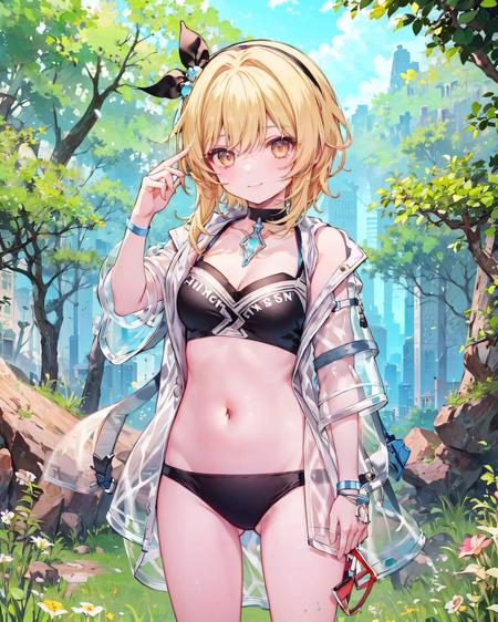 1girl,solo,, luminezjj,standing,  <lora:[luminezjj,shirt,jacket]:1>,outdoors, , short sleeves,,cowboy shot, forest,light smile, bikini, cleavage, navel,