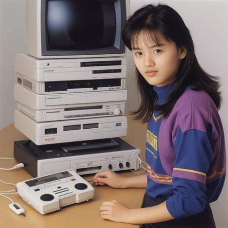 super famicom, 1980s (style), 1girl, sneakers, (((nec pc-8801))), at computer, videocassette recorder, cd player, hi-fi rack, corded phone, stereo, late 20th century nostalgia
