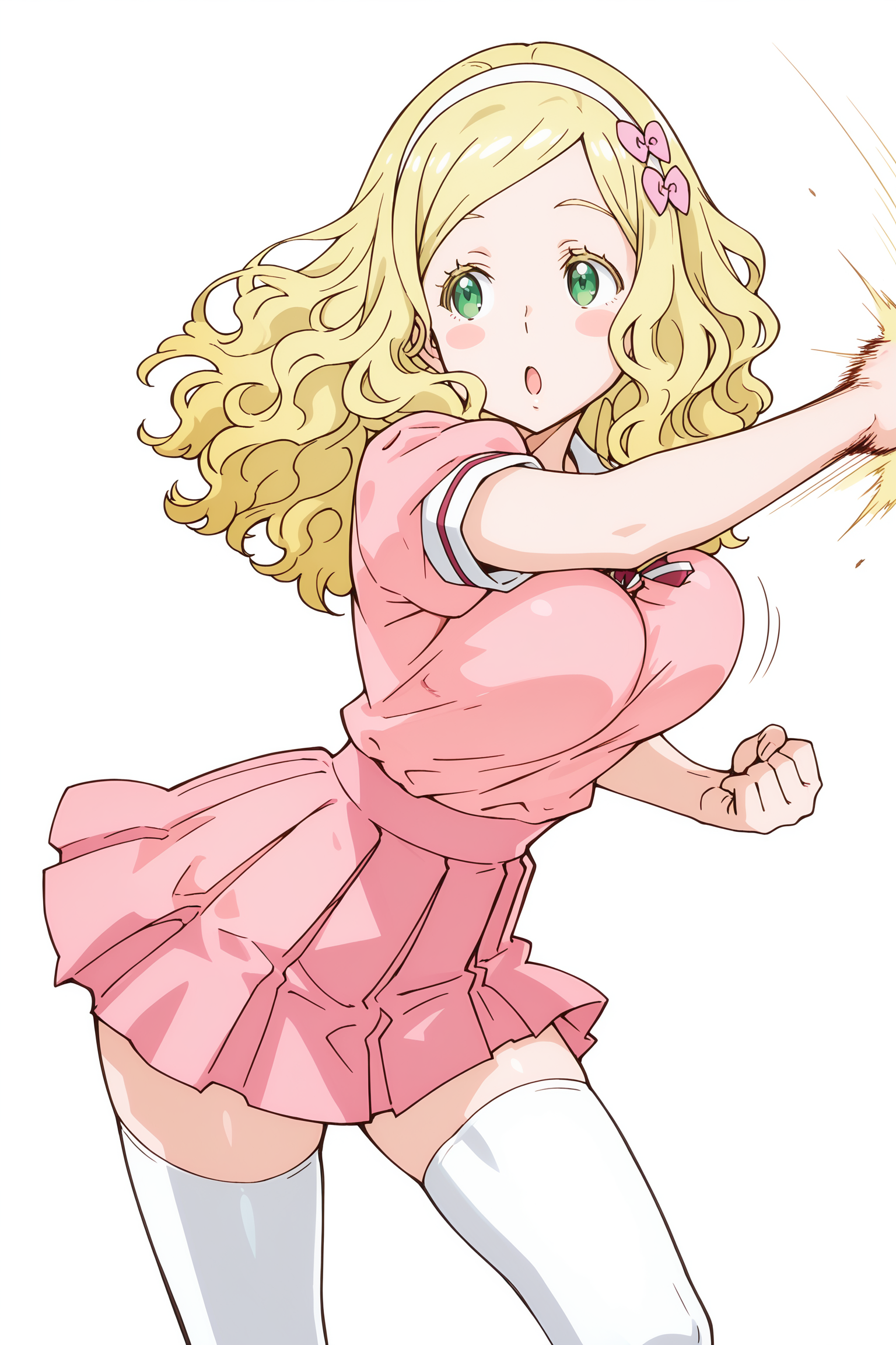 A young woman with green eyes, wavy blonde hair adorned with a pink hairband and an open mouth, throwing a punch with her right hand causing a visible impact effect. She is wearing a short-sleeved, pink school uniform dress that has a white collar and cuffs, a pleated skirt, and white thigh-high socks. 