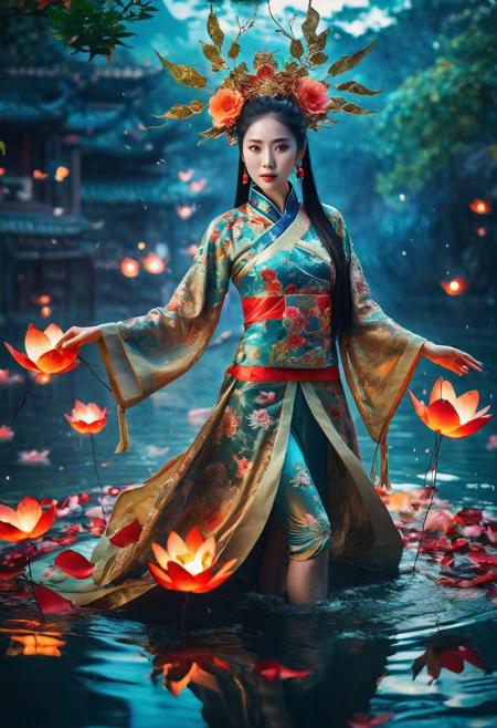Surreal, future, a sexy and beautiful Chinese woman with big eyes, thin face, resolute expression, glowing body, wearing a costume made of flowers and leaves, with a background of water and fire, magical and complex, vortexes forming under her feet, flying, There are ethereal elements floating in the air, mysterious,