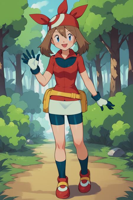 MayPXL, blue eyes, brown hair, short hair, hair between eyes, red bandana, small breasts, red shirt, short sleeves, gloves, white skirt, blue shorts, blue socks, red shoes