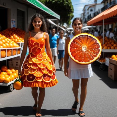 Brazilian girl, selling orange fruit in streets, wearing orange sliced shaped dress, <lora:blood_orange_world_morph_sdxl:1> , sunny day, people walking, vendor stand, blood orange style