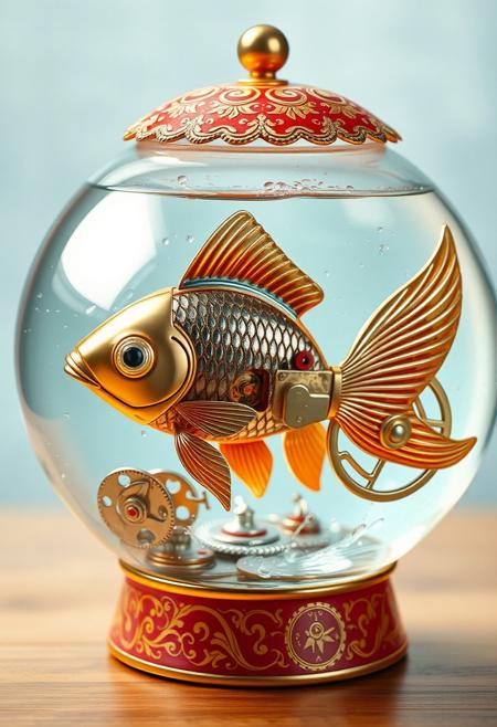 "Illustrate a vibrant, hyper-realistic image of a mechanical windup toy goldfish in its fishbowl, with intricate details and textures that seem to leap off the page. The goldfish is a beautifully crafted, mechanical toy with shimmering metallic scales and a delicate, gear-driven tail that seems to flutter with life. The fishbowl is a colorful, ornate container with intricate etchings and a delicate, filigree-style lid. The surrounding water is crystal clear, with subtle ripples and distortions that seem to reflect the light in a mesmerizing dance. The mechanical workings of the windup mechanism are visible, with delicate gears and springs that seem to pulse with energy. The overall effect is one of whimsical, nostalgic charm, as if the mechanical goldfish is a beloved childhood toy come to life." highest-Quality, intricate details, visually stunning, Masterpiece