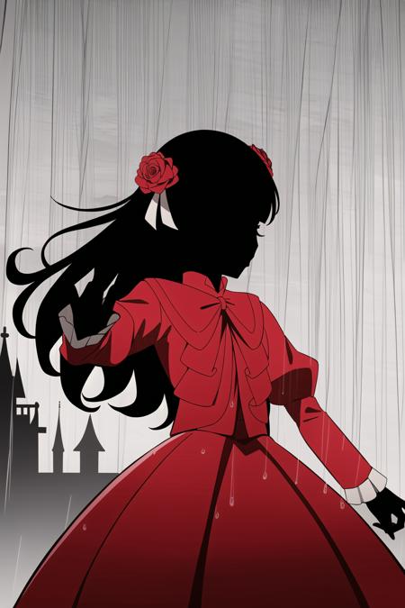 1girl, masterpice, high quality, high detailed, (solo), frilled dress, hair ribbon, ((black skin)), hair flower, black hair, long hair, red dress, kate, red sleeves, <lora:kate-08:0.7>, castle, rain, dynamic pose, ((black face))