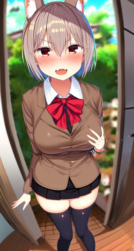 (fisheye:1.2), head, 1girl,  pov doorway, cloudy sky, bangs, blush, breath, brown jacket, by greatmosu, collared white shirt,  feet out of frame,hair between eyes, hair intakes, hand up, leaning forward, long sleeves, looking at viewer, medium large breasts, miniskirt, fox ears,  open mouth, pleated black pencil skirt, red eyes, short grey hair, sidelocks, skindentation, solo, standing, thick thighs, tree, white thighhighs, zettai ryouiki