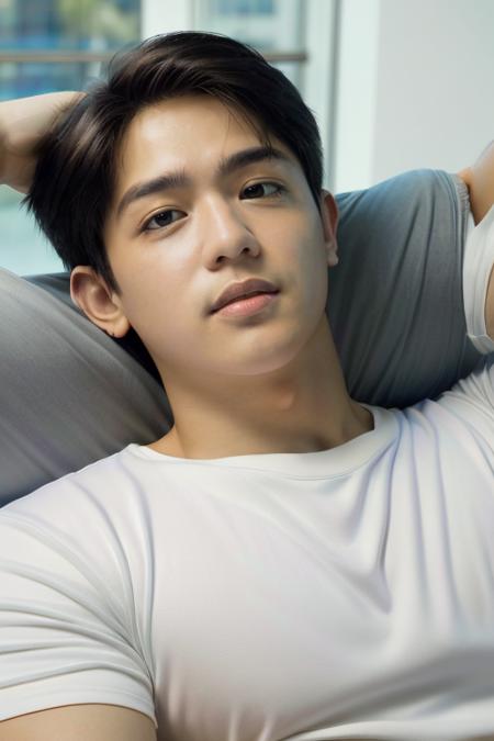 mark reyes, lying down, hunk, face, front upper body, dry fit shirt, muscular  (absurdres, highres, ultra detailed) ((masterpiece)), ((best quality:1.1)), High Resolution, 8k,1boy, best quality, masterpiece, (photorealistic:1.4), 4k, high quality, masterpiece, best quality, highres, dynamic poses, realistic, mature male, looking at viewer,  <lora:mark-reyes-09 (1):1> <lora:photorealistic02:0.3>