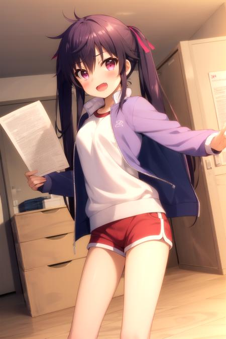 masterpiece, best quality, blush, 1girl, solo, ebikurumi, long hair, twintails, open mouth, fang, purple eyes, purple hair, gym uniform, shirt, track jacket, red shorts, hair ribbon, smile, indoors, gym storeroom, looking at viewer, depth of field, <lora:kurumin_v02_READY-10:1>