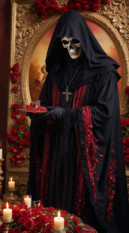 Grim reaper, painting a masterpiece, Soft diffused light, balmy with a warm breeze, fiery reds and deep burgundies, worm's eye ground level, medium wide scene setting, renaissance classical figures, blooming flower petals, flickering candlelight ambiance, juxtaposition of elements, oversized ornate jewelry.
