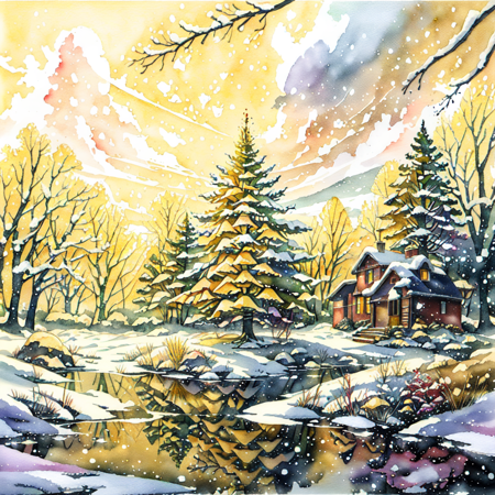 GachasplashMistletoe, outdoors, sky, cloud, tree, no humans, night, nature, scenery, snow, forest, reflection, snowing, winter, christmas tree, bare tree, pine tree, yellow background, dark ink wash, SplshPntNOwrth, zoom out, wide shot, masterpiece, official art, <lora:GachasplashMistletoe:0.8>