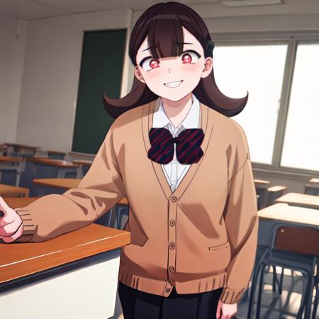 ren_yamai, 1girl, yandere+, creepy+, bow, glowing_eyes, dark, shadow, disturbing, solo, long_sleeves, glowing_eyes, cardigan, bowtie, bangs, collared_shirt, white_shirt, ribbon, classroom, eyebrows_visible_through_hair, jacket, blunt_bangs, striped_bow, hair_ribbon, red_bow, shoes, loafers, looking_at_viewer, standing, brown_footwear, black socks, long_socks, crazy smile, constricted pupils, cinematic, masterpiece, embellishments, detailed