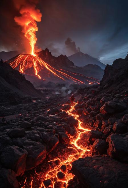 In the heart of a volcanic landscape, our fearless explorer finds themselves , on a rock,  amidst a scene of impending chaos. Molten lava cascades down the mountainside, casting an ominous red glow across the rocky terrain. With smoke and ash billowing into the sky, the adventurer races against time, navigating treacherous paths strewn with debris as fiery explosions erupt around them, painting the scene with bursts of intense heat and light. 
many details, extreme detailed, full of details,
Wide range of colors.
Many details everywhere.  soft shadows. Low saturation colors. Insane quality. Insane resolution. Insane details. Masterpiece. 32k resolution.
Dramatic,Dynamic,Cinematic,Sharp details
 <lora:add-detail-xl:1>