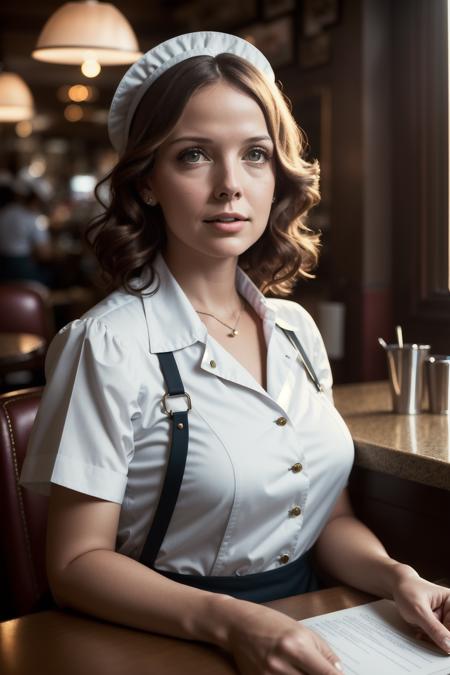 dianekeaton portrait photo of a woman working as a waitress in a diner, (masterpiece), (best quality), (detailed), (8k), (HDR), (wallpaper), (cinematic lighting), (sharp focus), (intricate), (closeup)